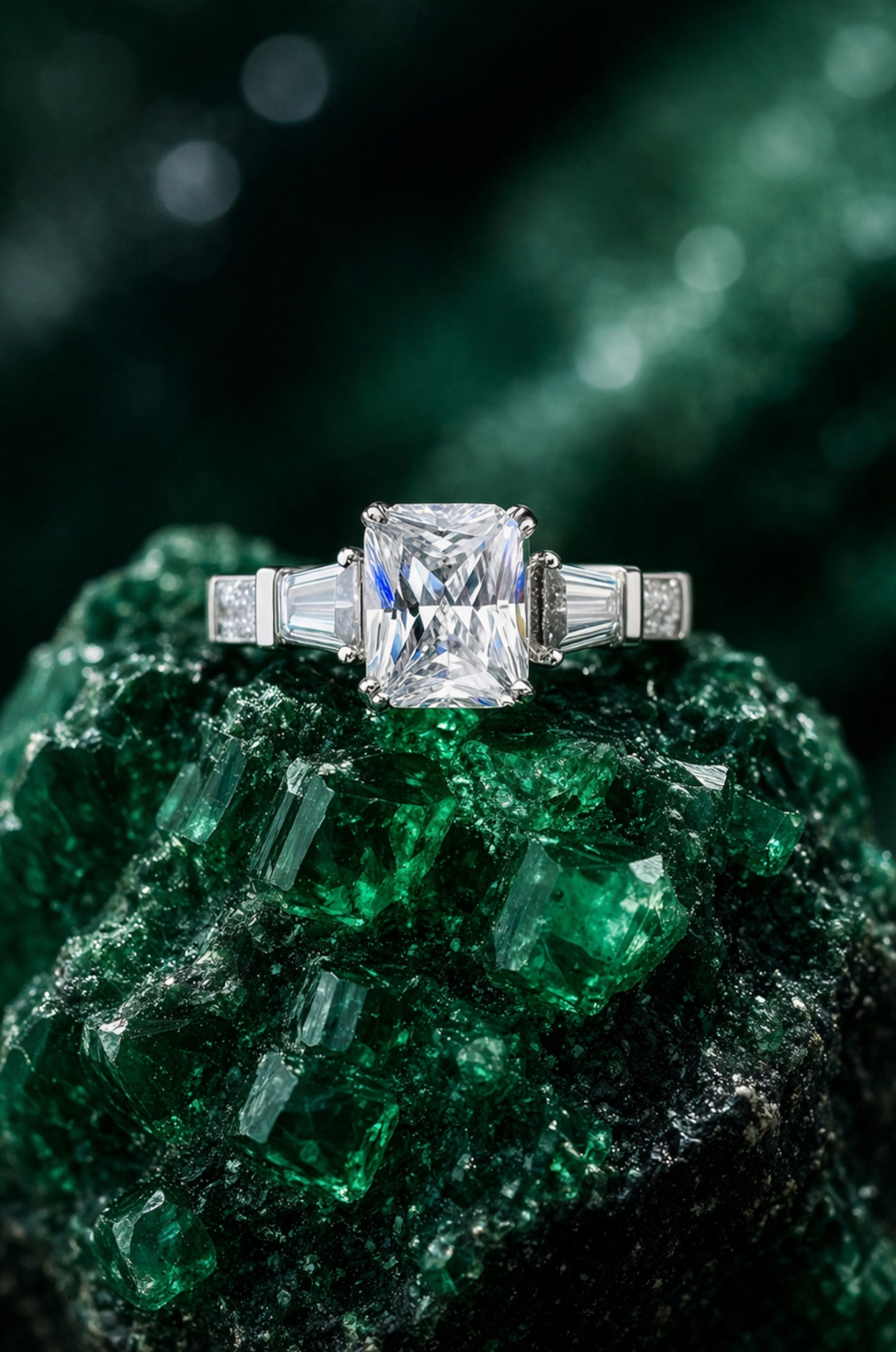 Anillo con zirconita corte esmeralda y baguette en plata 925