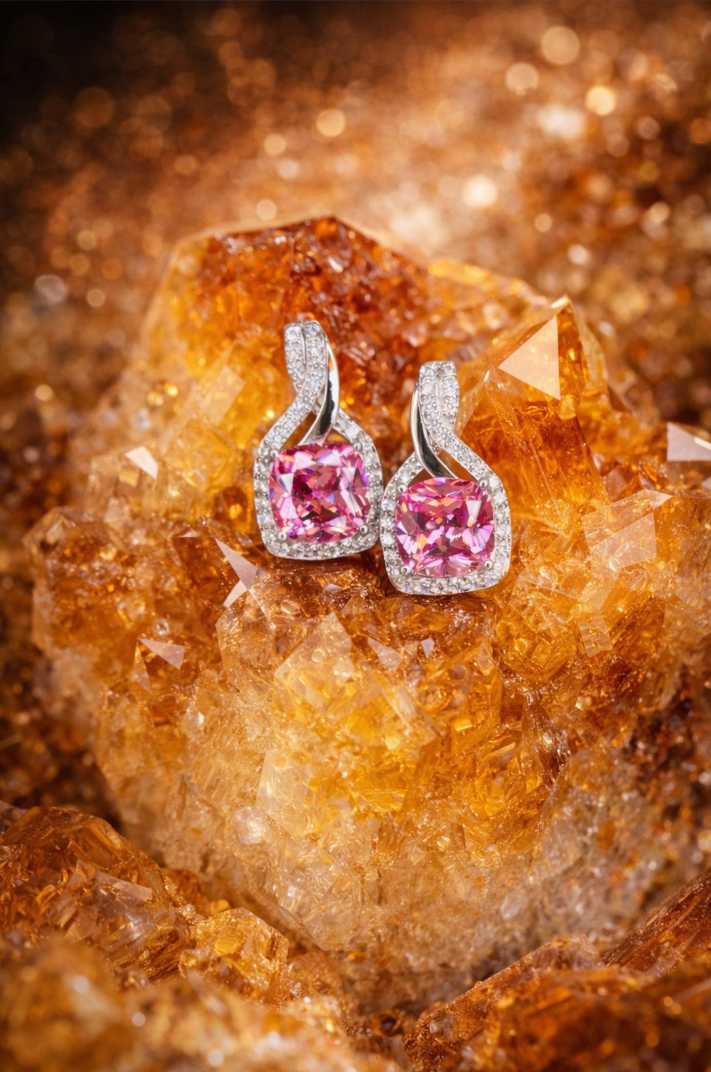 Aretes con zirconitas rosas corte cushion con cerradura de poste en plata 925