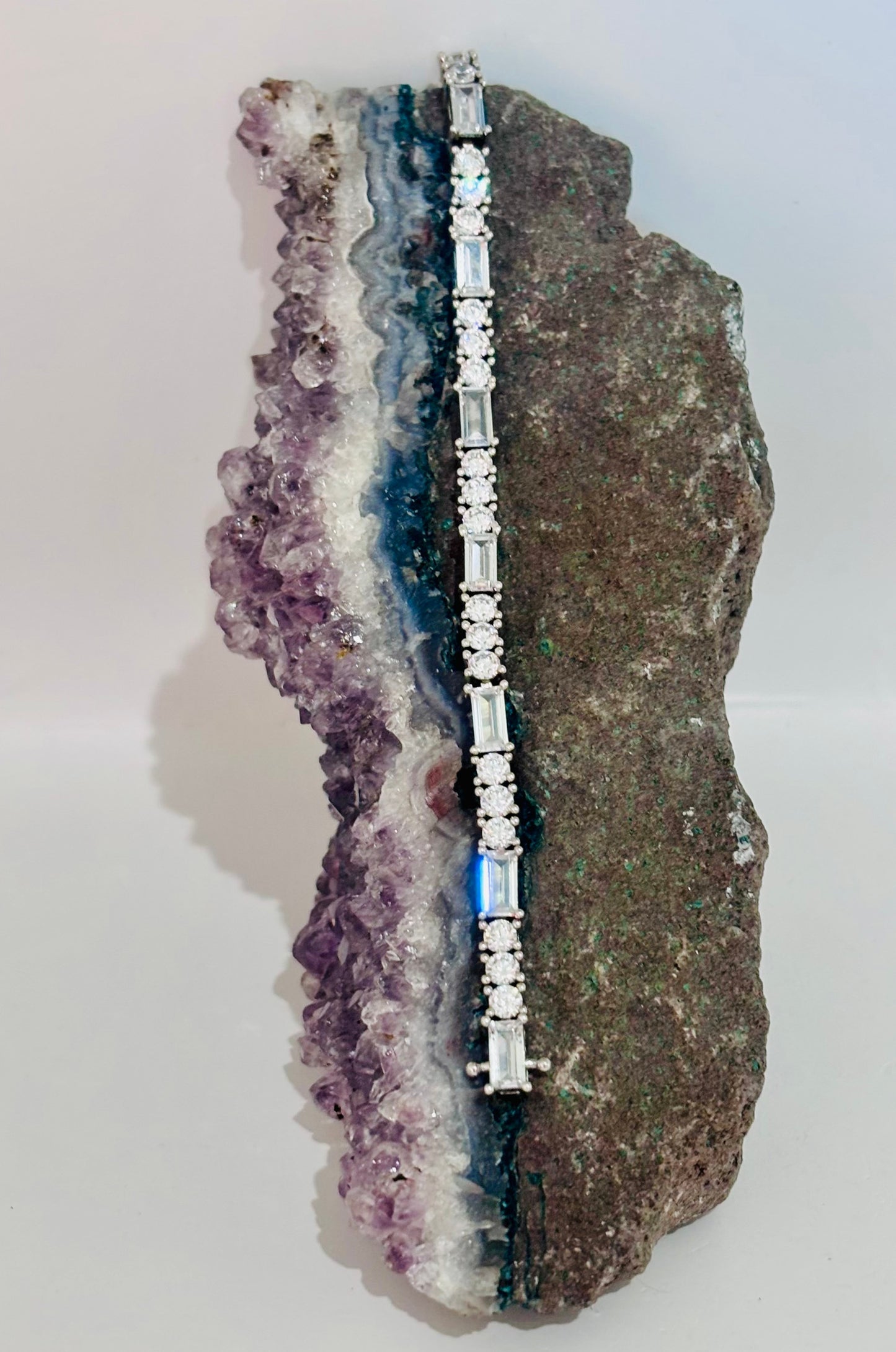 Pulsera tenis de zirconitas corte baguette y diamante en plata 925