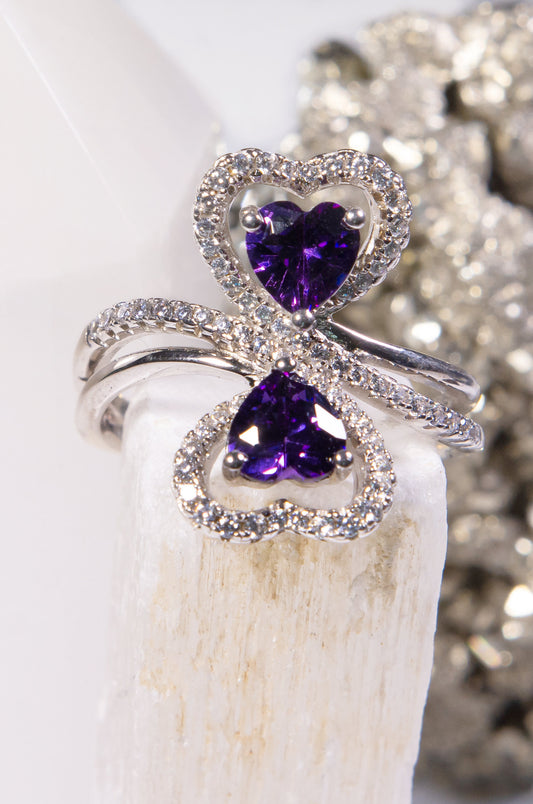 Anillo doble corazón con zirconitas en plata 925