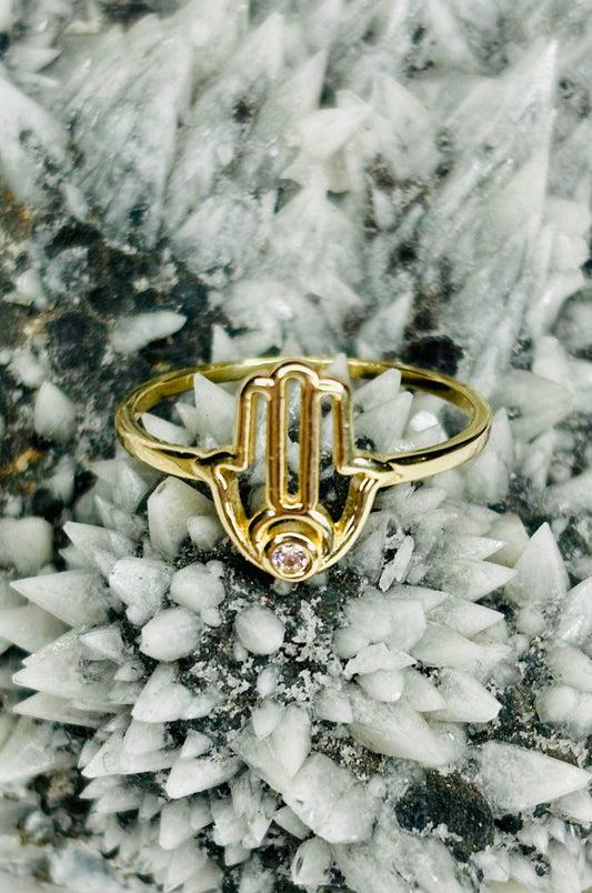 Anillo Hamsa con Zirconita en Oro Amarillo 10k