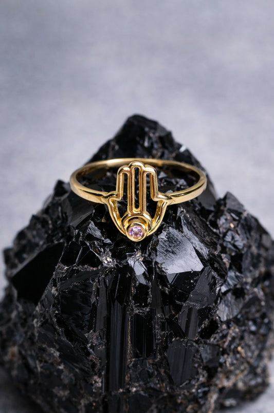 Anillo Hamsa con Zirconita en Oro Amarillo 10k
