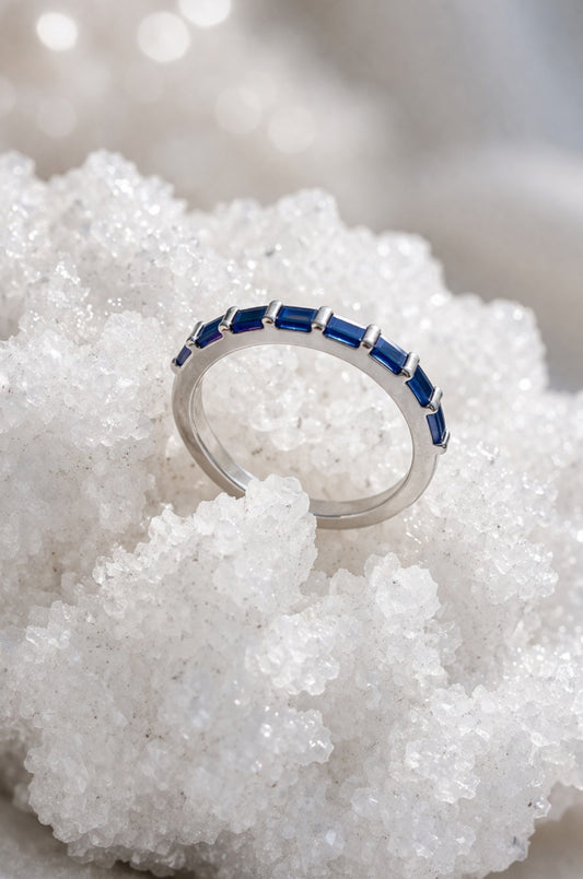 Anillo media churumbela baguette azul en plata 925