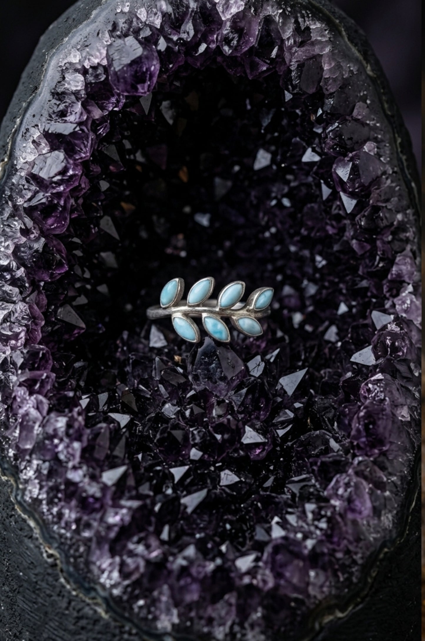 Anillo hojas larimar en plata 925