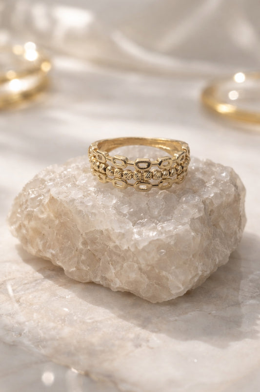 Anillo Triple Cadena con Corte Diamante en Oro Amarillo 14k