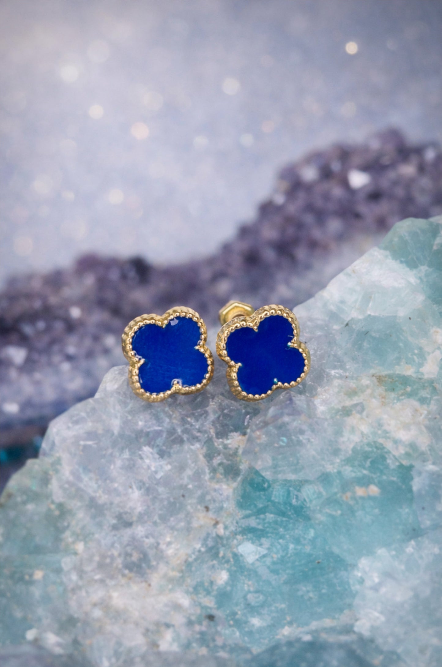 Aretes trébol azul en oro italiano 10K