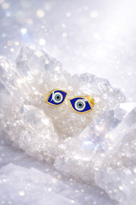 Aretes ojo azul en oro amarillo 14k con cerradura de bebé