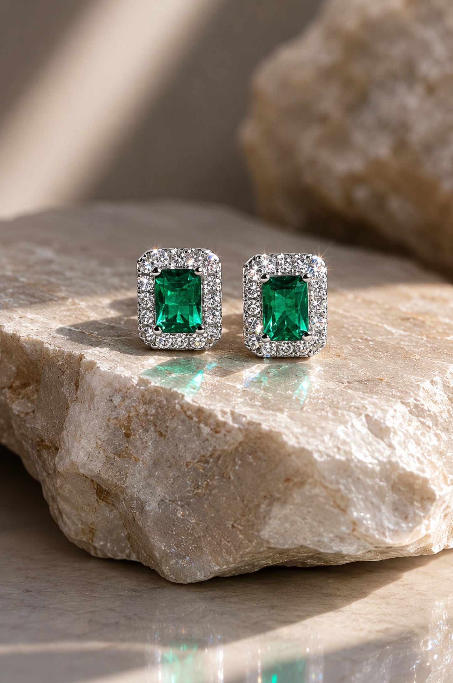 Aretes rectangulares verdes en plata 925