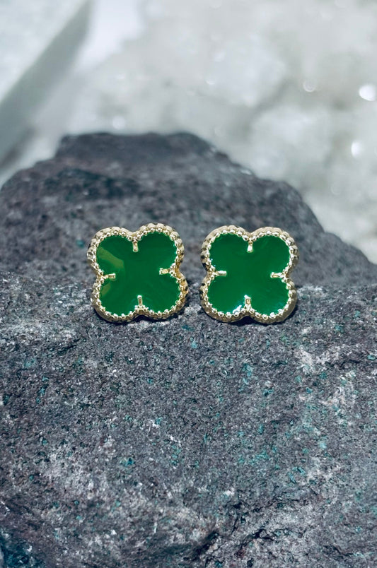 Aretes trébol verde grande en oro italiano 10K