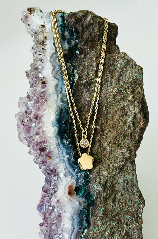 Collar Doble con Zirconita Corte Redondo en Oro Amarillo 10k
