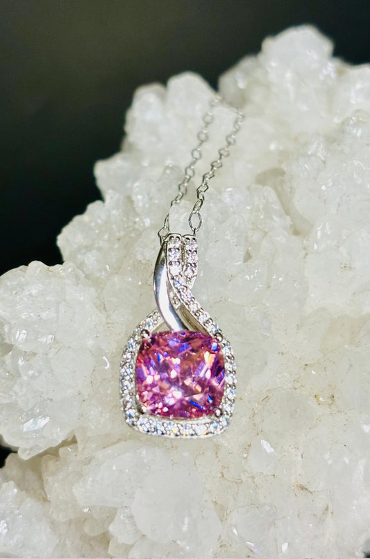 Collar de zirconita rosa corte cushion en plata 925