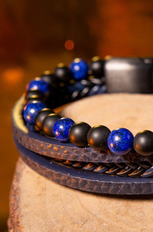 Pulsera en piel azul con lapislázuli, tamaño grande