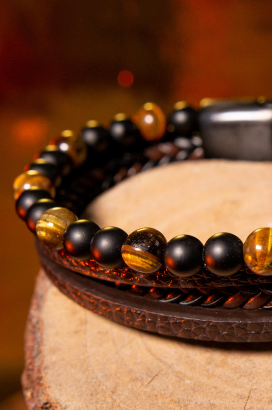 Pulsera de piel café con ojo de tigre, tamaño pequeño
