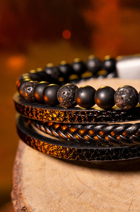 Pulsera de piel negra con piedra volcánica, tamaño grande